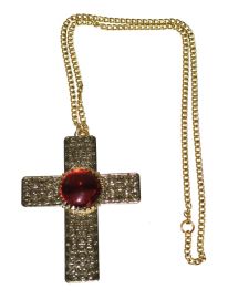 Necklace-Metal-Gld Cross w/Red Jewel-3.5"x3"