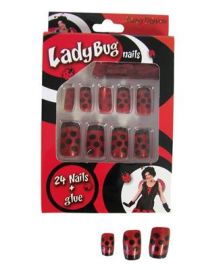 Fingernails w/Glue-Ladybug-Blk/Red-24 Nails