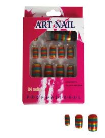Fingernails w/Glue-Red/Ylw/Grn Stripe-24 Nails