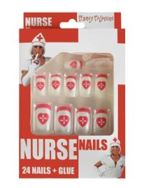 Fingernails w/Glue-Nurse-Red/Wht-24 Nails