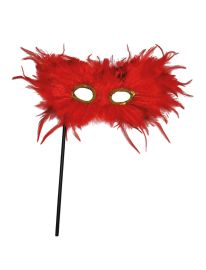 Mask on Stick-Feathers-Red