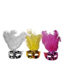 Mask-Shiny w/Feathers & Jewel-Asst