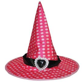 Hat-Witch-Pink w/Polka Dots-Poly Satin